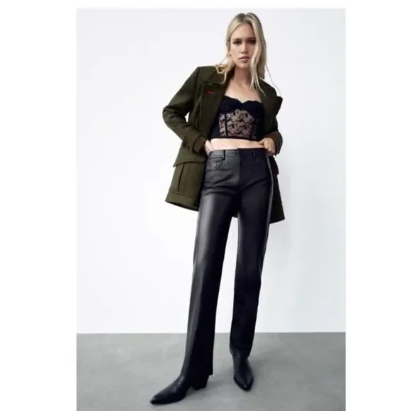 Zara Faux Leather Black Pants Straight Leg Size 2 - Picture 2 of 8